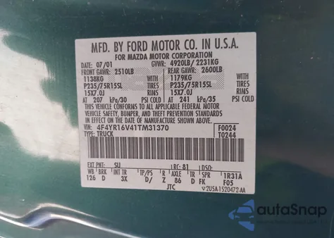 2001 Mazda B3000 Ds/Se z USA, uszkodzony, nr VIN 4F4YR16V41TM31370